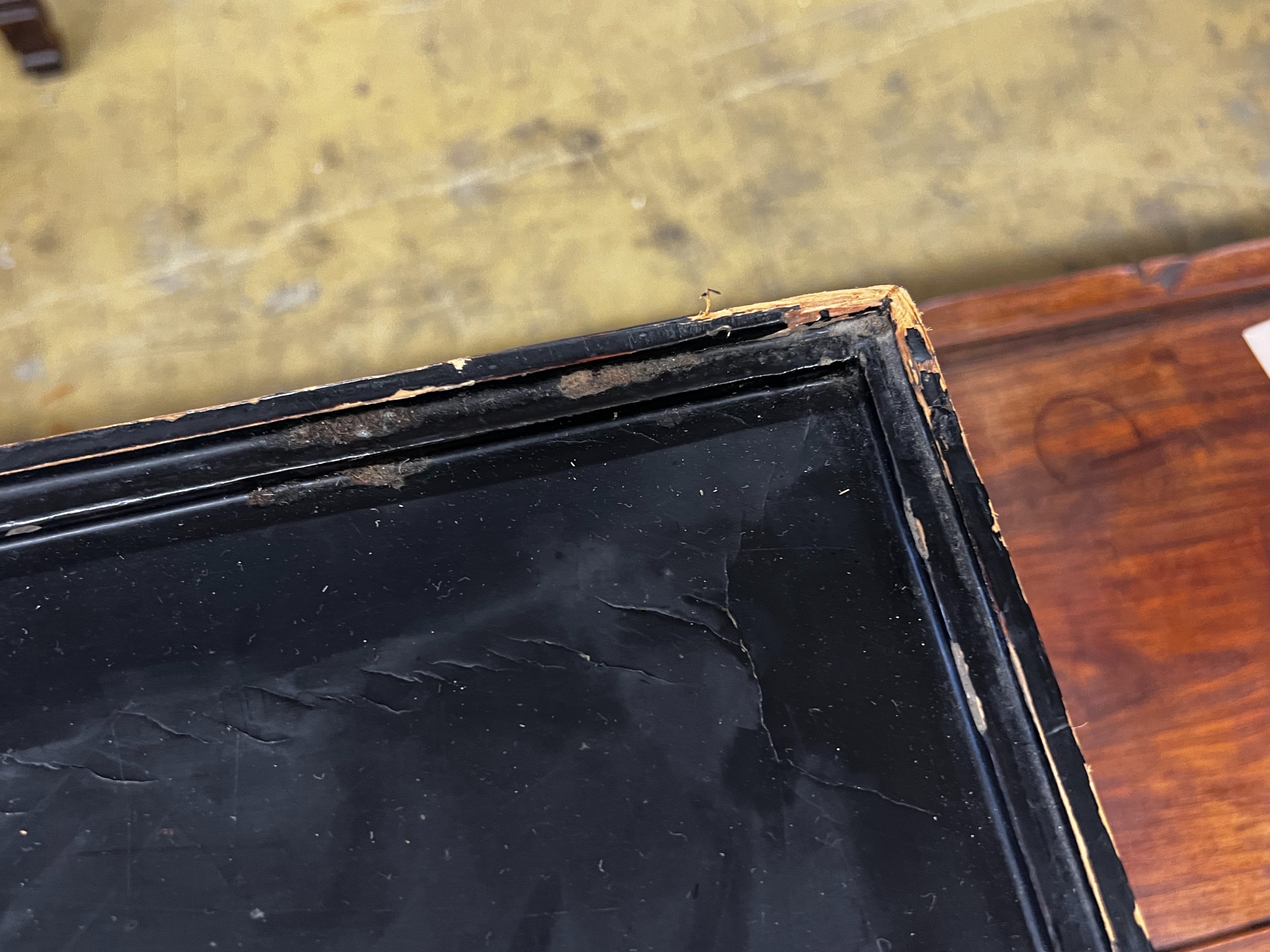 A rectangular Chinese lacquer hardstone mounted low table, length 81cm, width 51cm, height 31cm